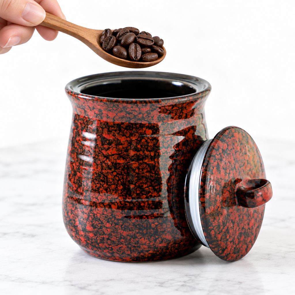Spoon of coffee beans held above the open jar; styling props not included