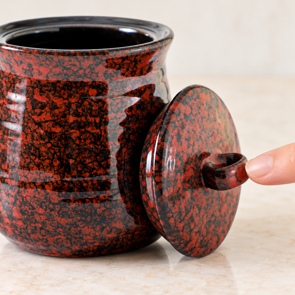 Finger touching the loop handle of the side-leaning lid