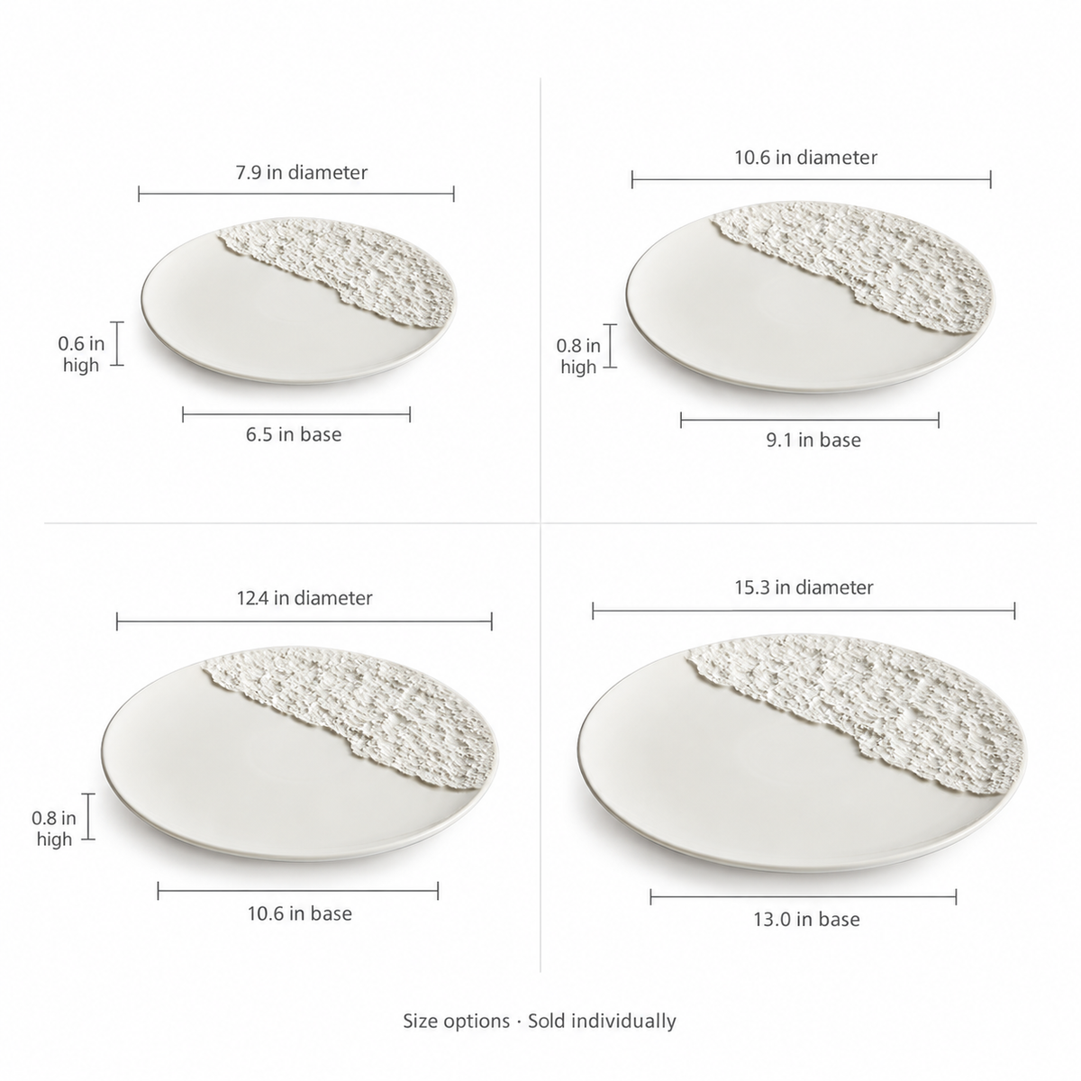 Four separately sold rock-pattern plate size options with dimensions converted to inches
