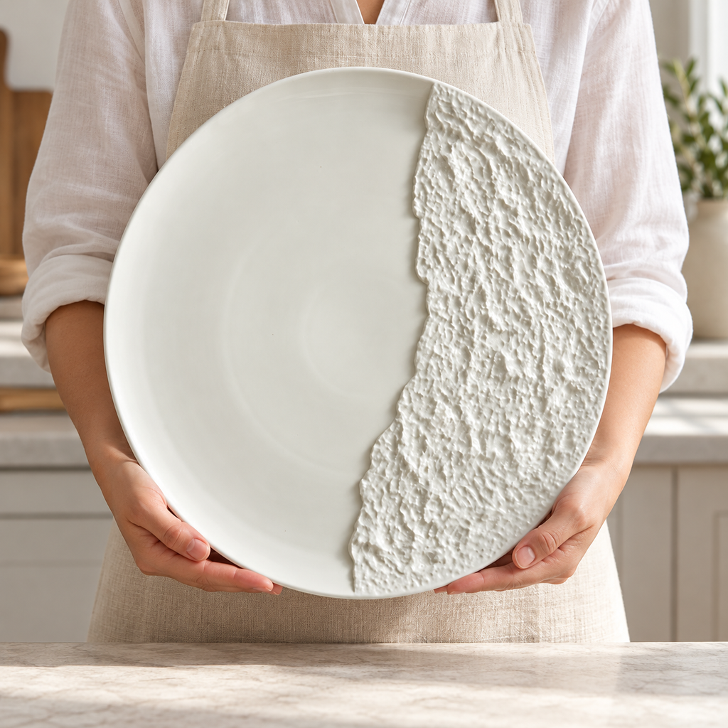 Adult holding the large rock-relief porcelain plate