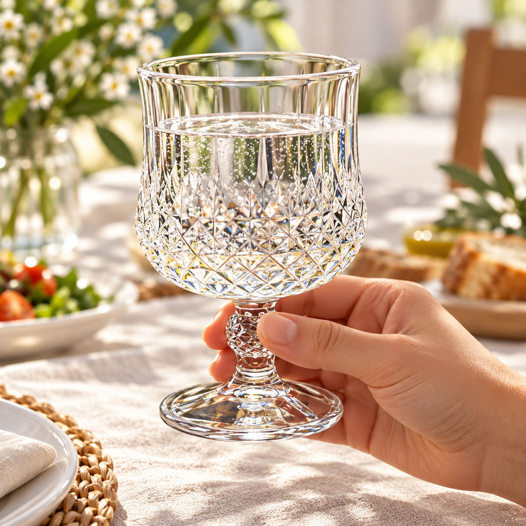 Hand holding one diamond-cut wine goblet to show scale; one of a set of six.