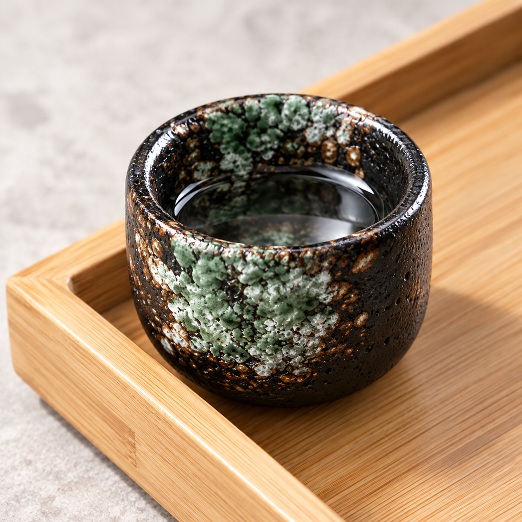 Spring green and bronze glaze detail on ceramic sake cup and bamboo tray