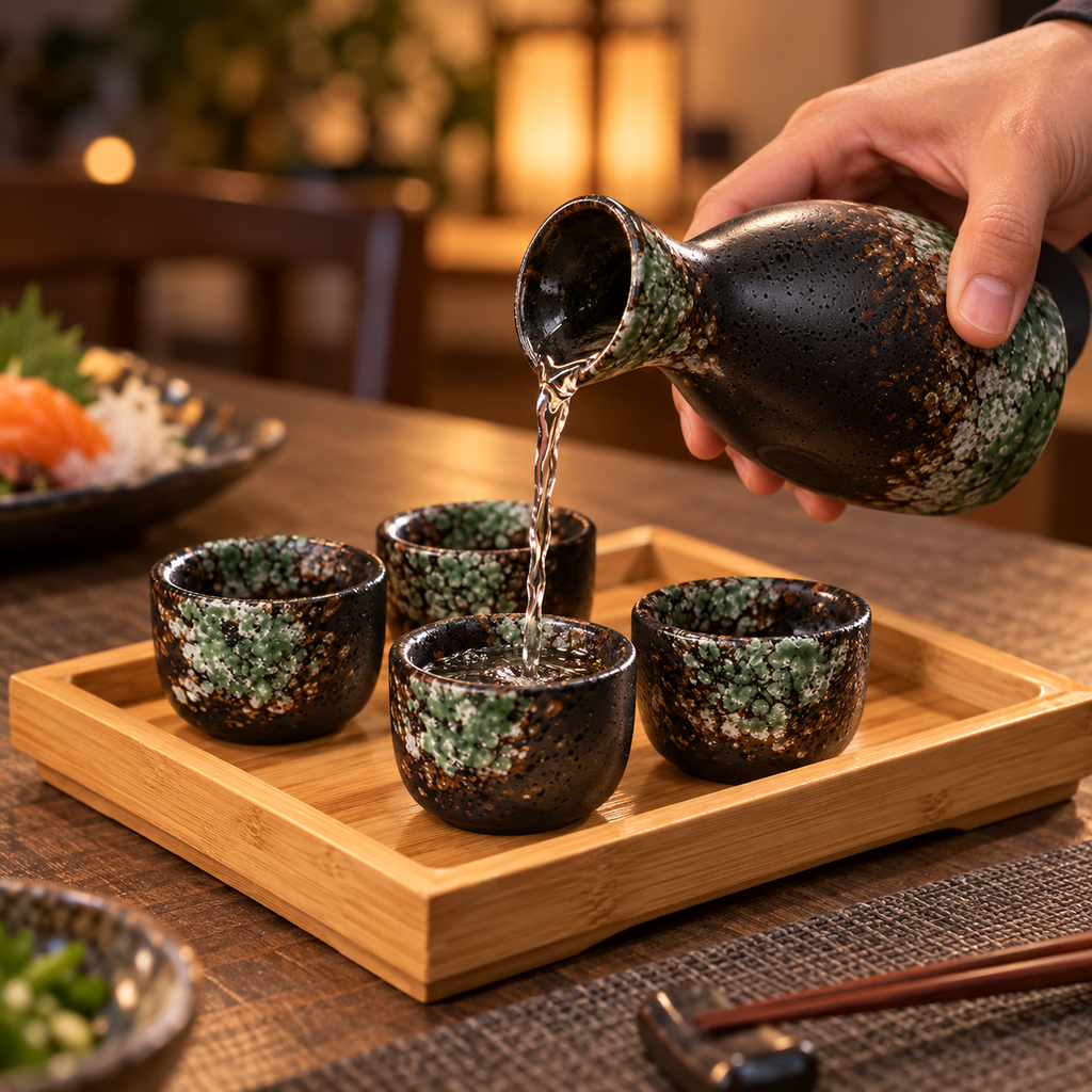 Pouring sake from the spring green ceramic bottle into one of four matching cups on tray