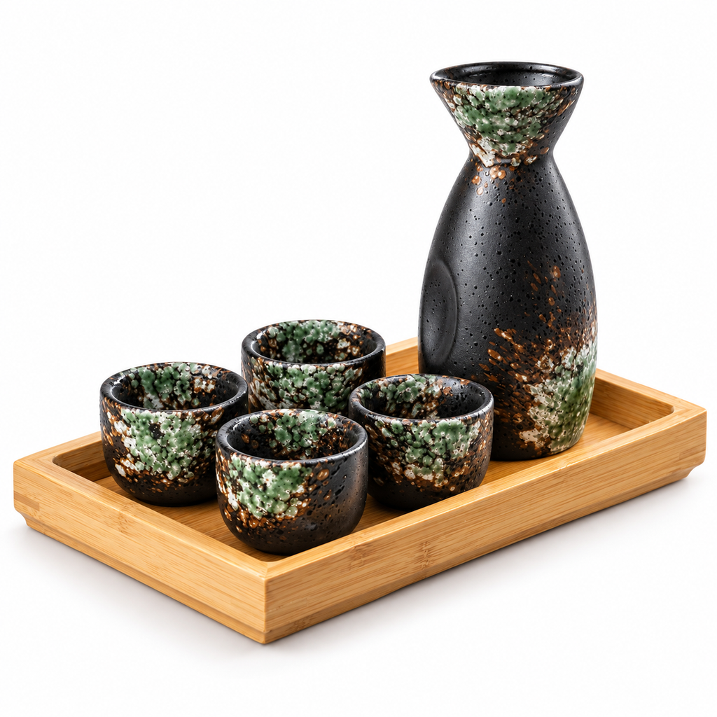 Complete spring green sake set with one bottle, four cups and bamboo tray on white