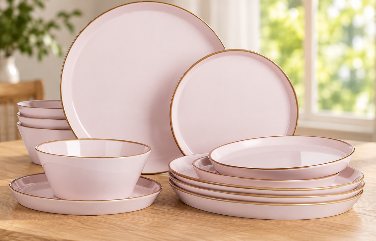 Light pink dinner plates and bowls with brown rims on a wooden dining table