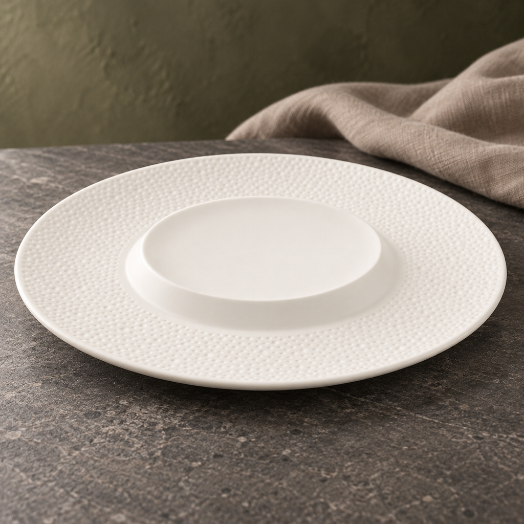 Matte sesame dot ceramic plate showing raised central well and wide rim