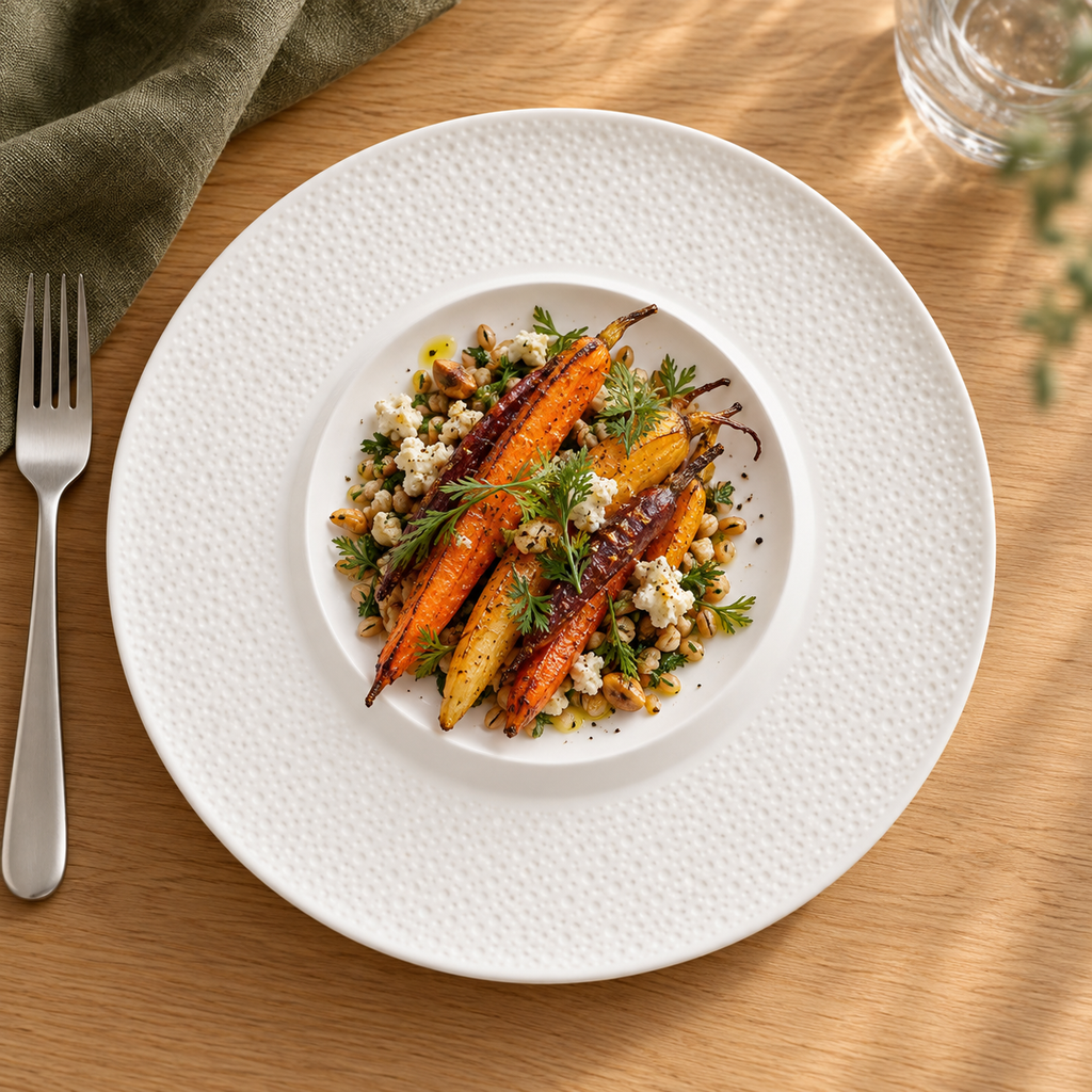 Matte sesame dot ceramic plate with roasted carrots on an oak table