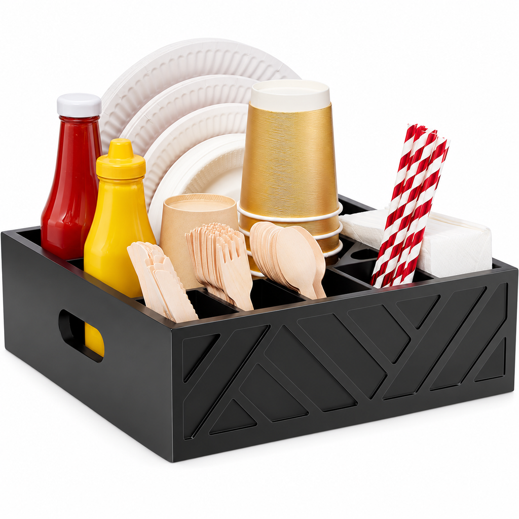 Black seven-compartment plate and utensil organizer, hero view; contents and styling accessories not included