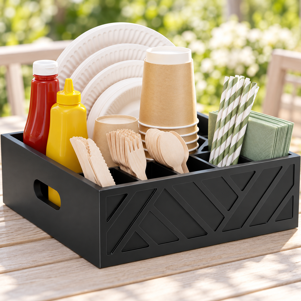 Black seven-compartment plate and utensil organizer, picnic view; contents and styling accessories not included