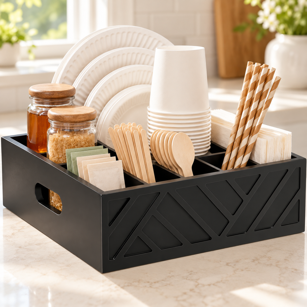Black seven-compartment plate and utensil organizer, drinks view; contents and styling accessories not included
