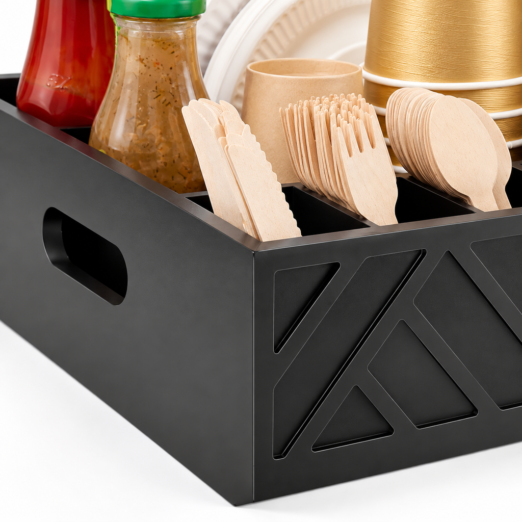 Black seven-compartment plate and utensil organizer, detail view; contents and styling accessories not included