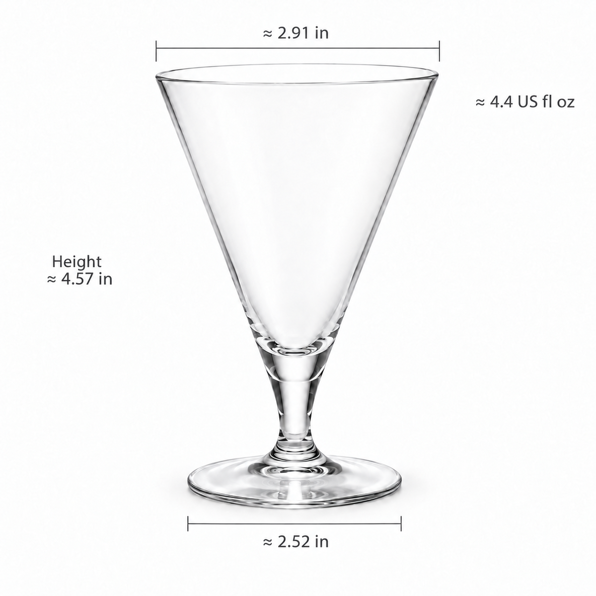 short crystal glass with approximate inch dimensions and US fl oz capacity on white