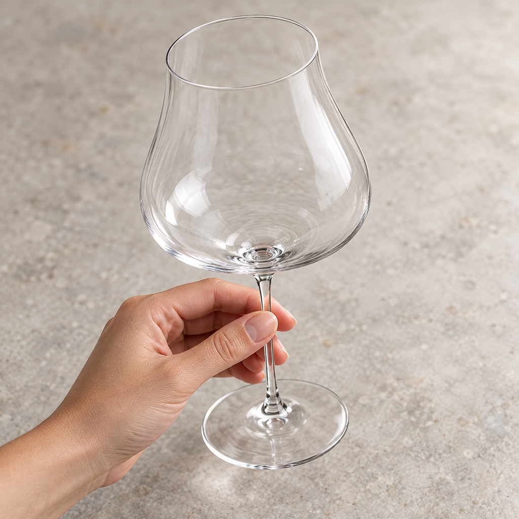Hand-held high-angle view of an empty 850 ml Bordeaux glass