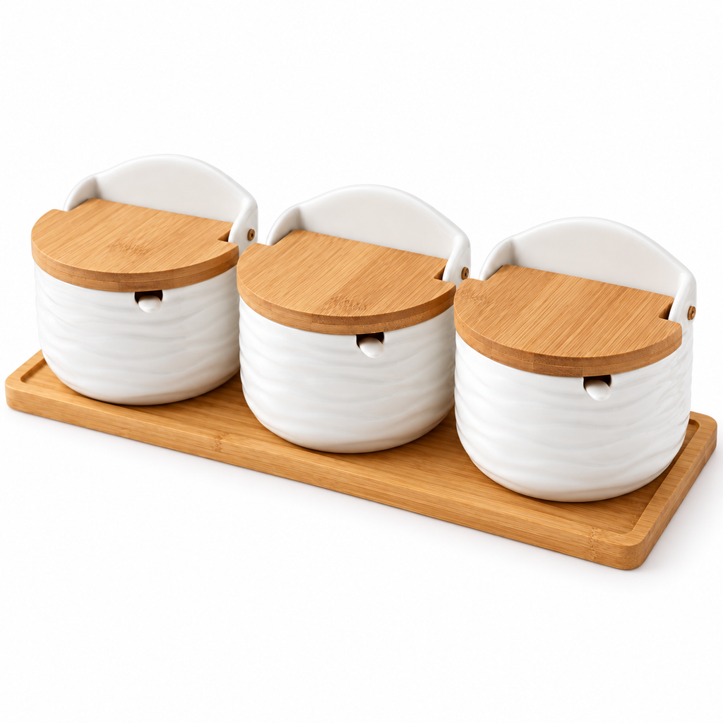 Exact three-jar white wavy ceramic seasoning set with closed wood lids on wood tray, white background