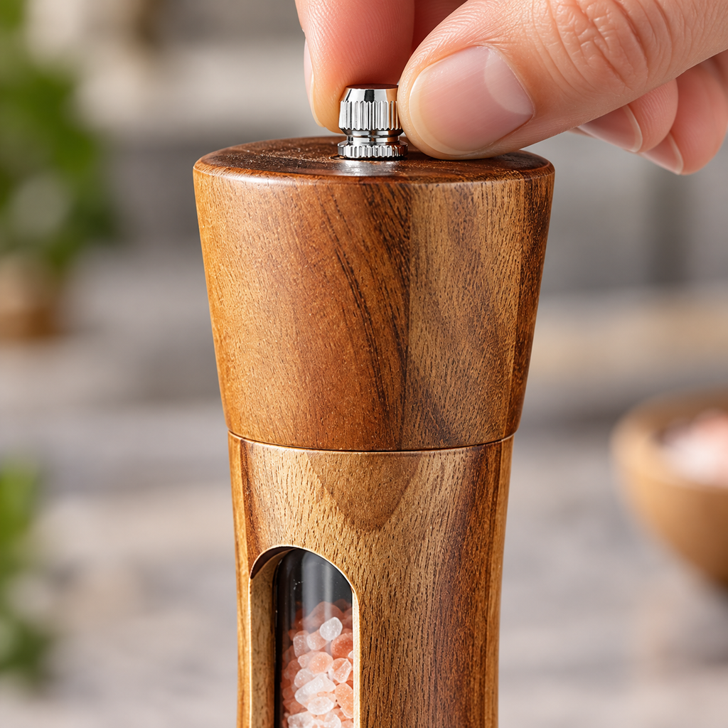 Fingers turning the existing silver top adjustment nut of an assembled acacia mill