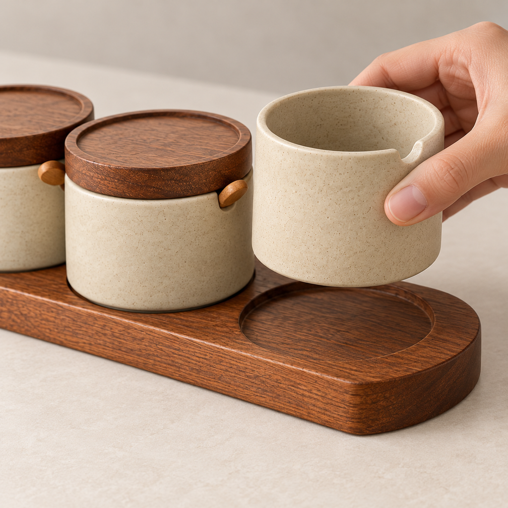 Hand lifting a seasoning jar from its recessed wooden tray seat