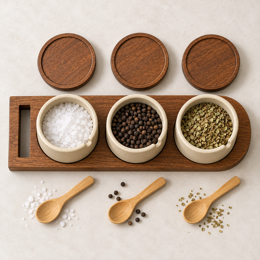 Overhead view of three open ceramic seasoning jars with wooden lids and spoons