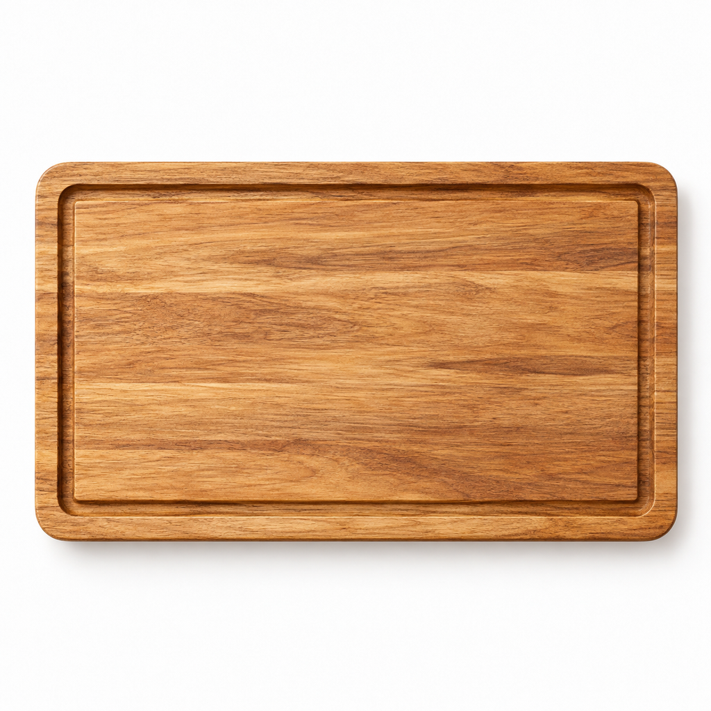 Overhead view of the empty rectangular acacia platter and perimeter groove