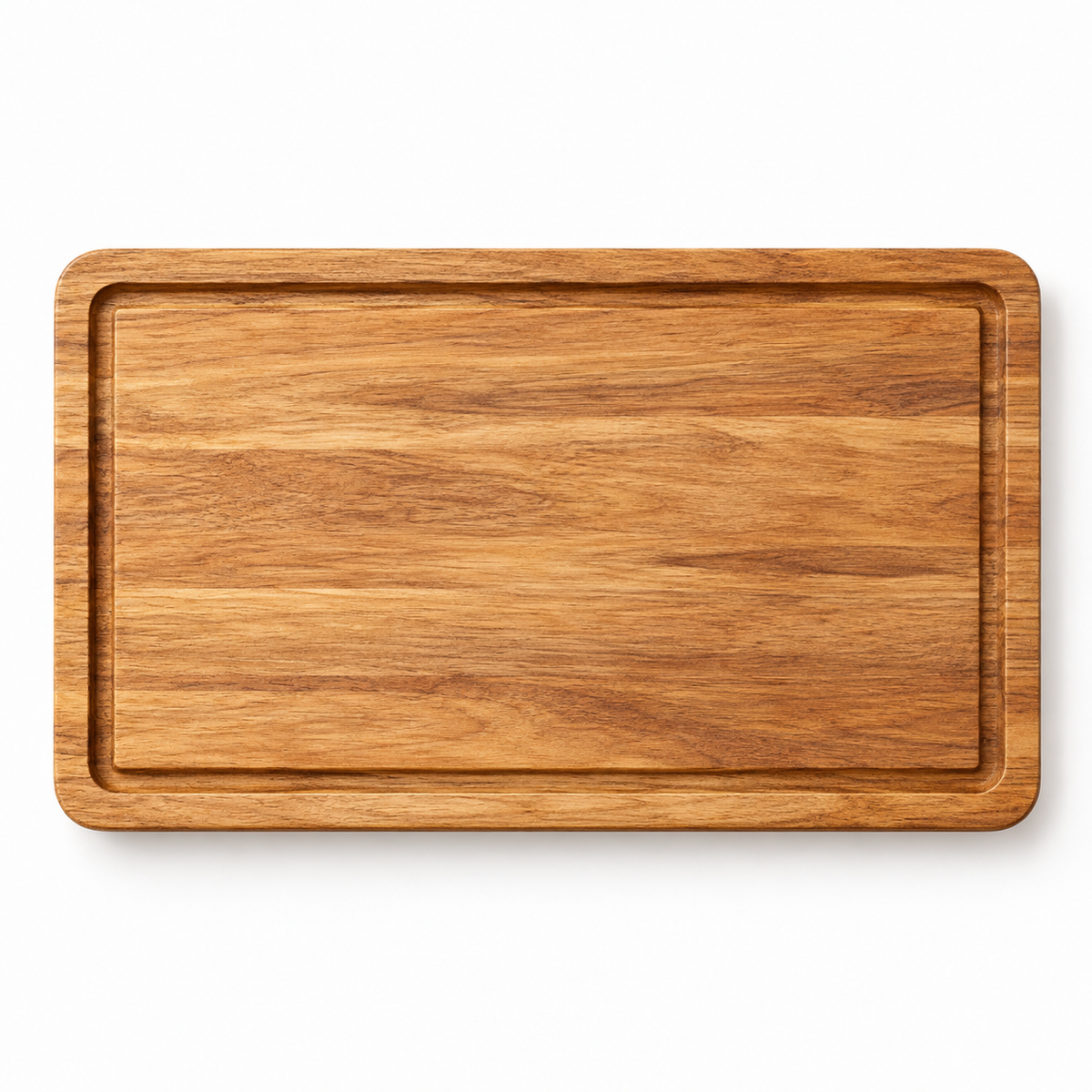 Overhead view of the empty rectangular acacia platter and perimeter groove
