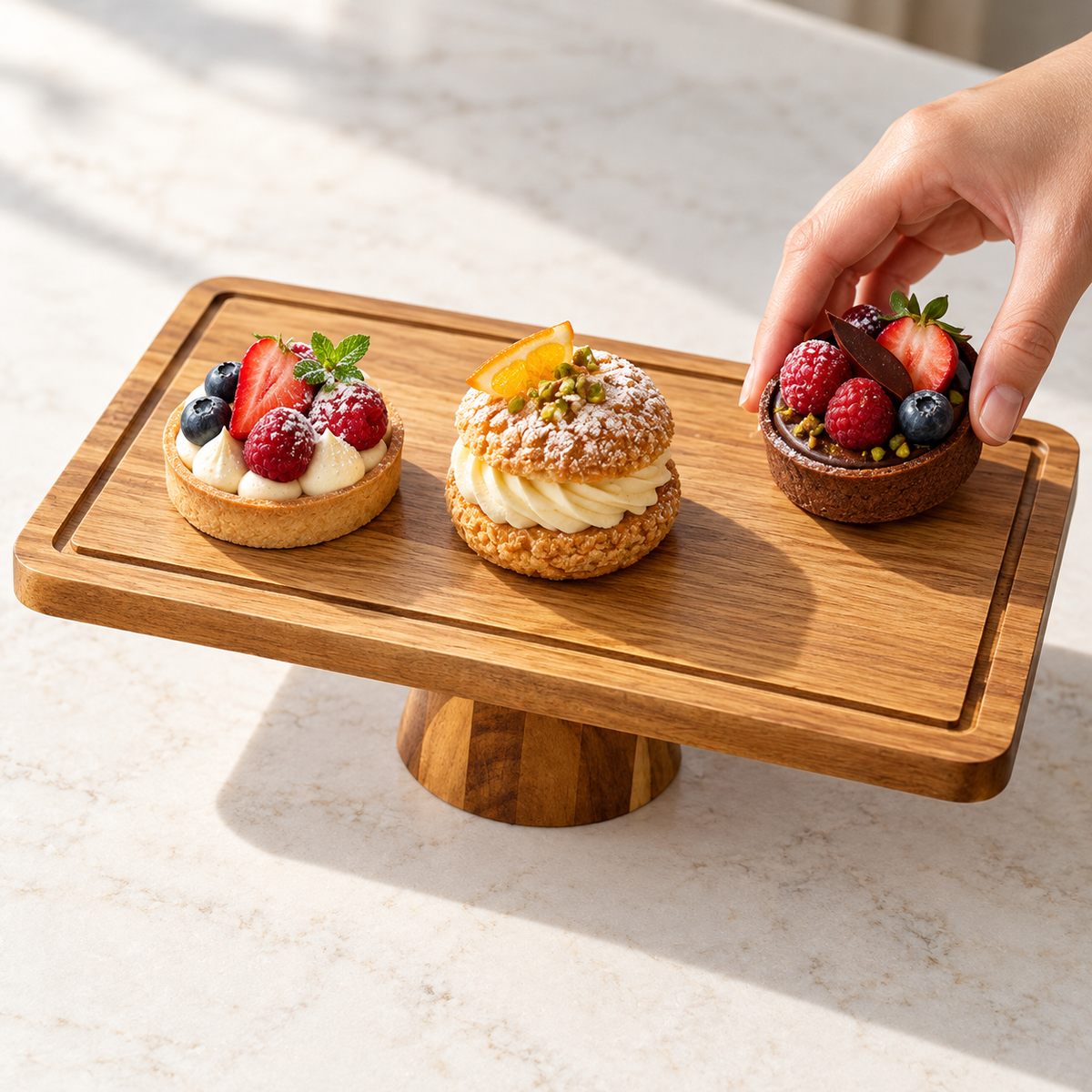 Hand arranging pastries on the acacia pedestal platter