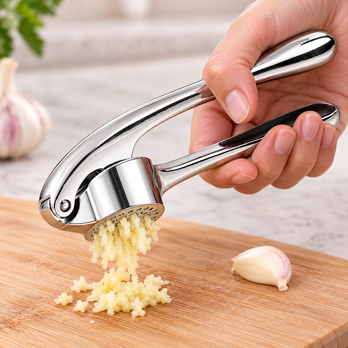 Garlic emerging through the perforated press basket during squeezing