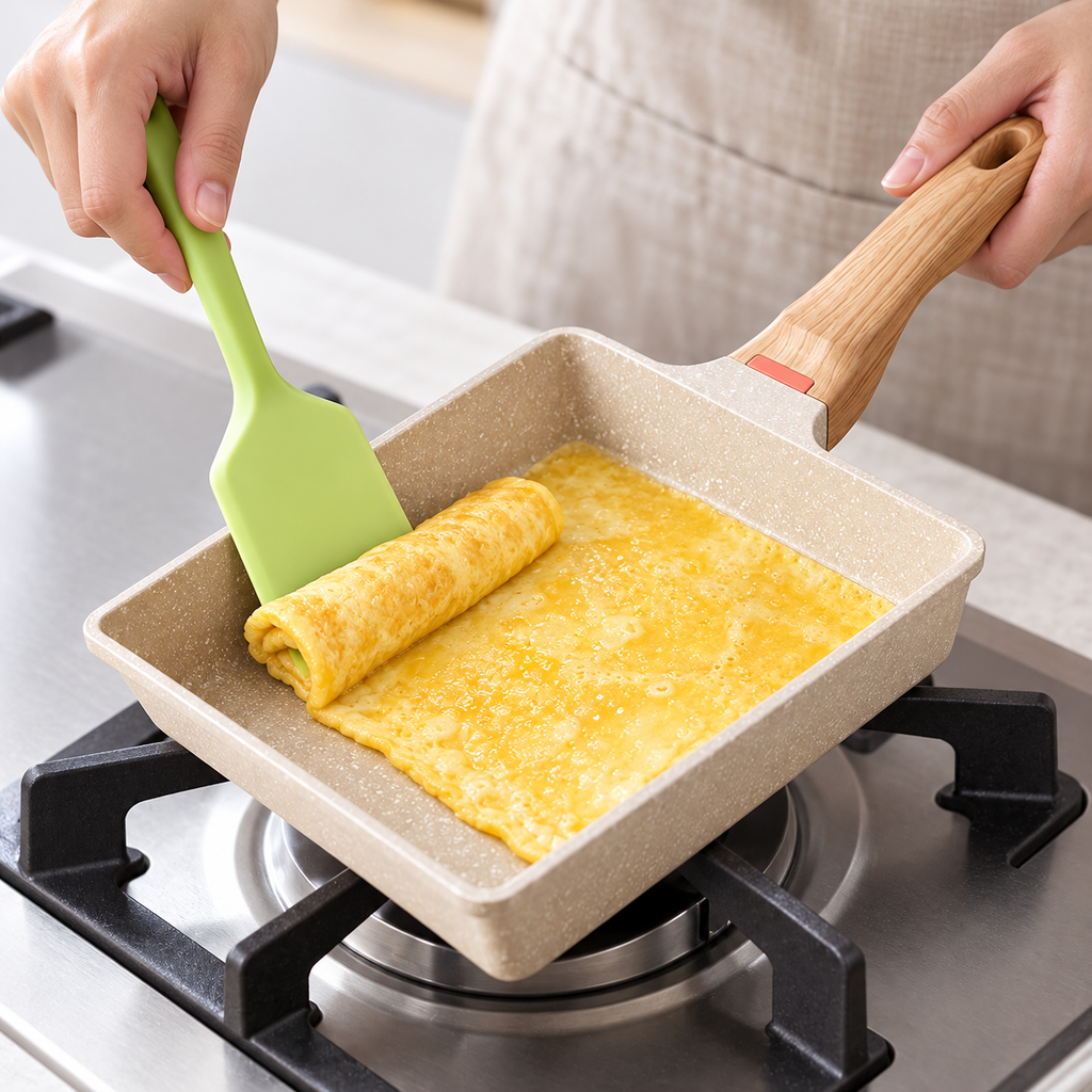 Rolling egg with the included green spatula inside the beige tamagoyaki pan