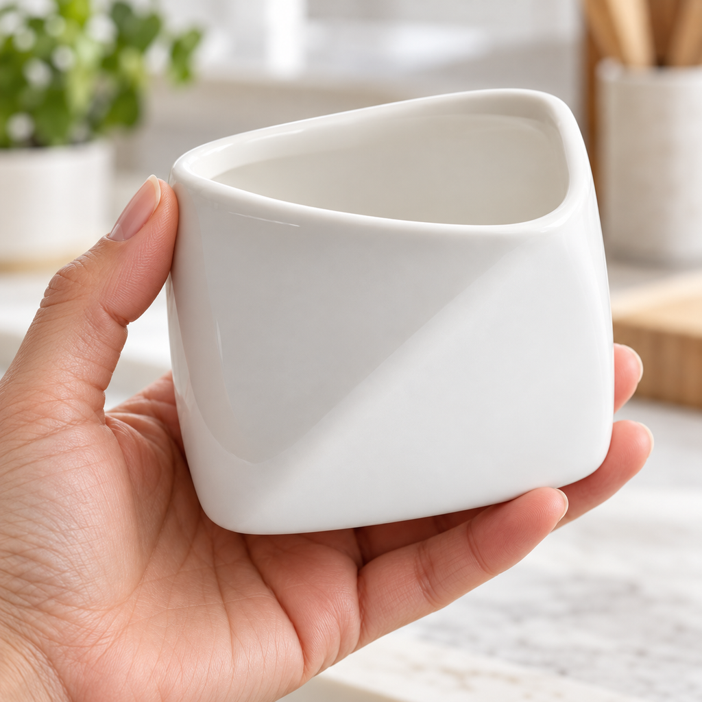 Folded-edge porcelain snack bowl held in an adult hand to show shape and scale