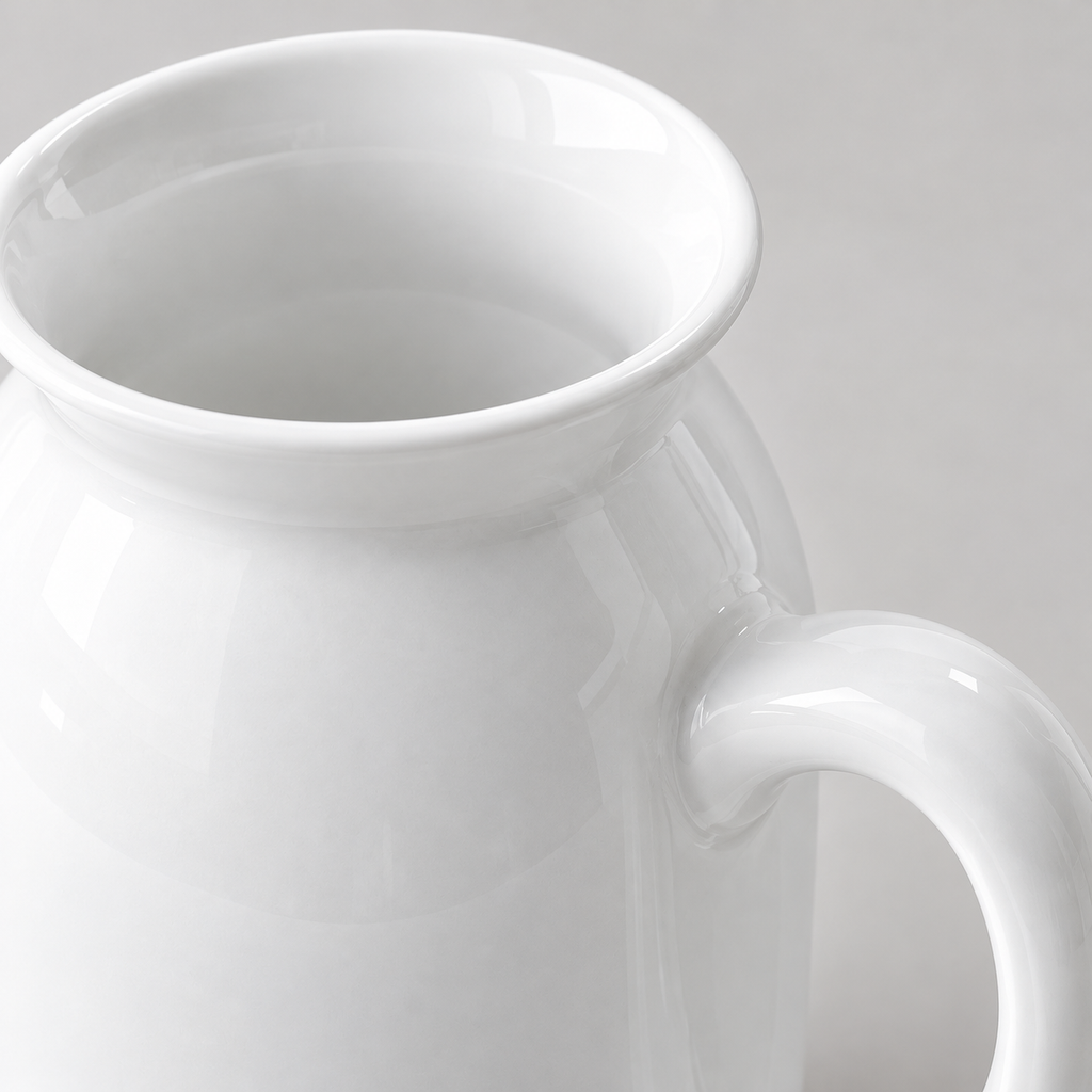 Glossy ceramic lip and handle attachment detail of the decorative vase
