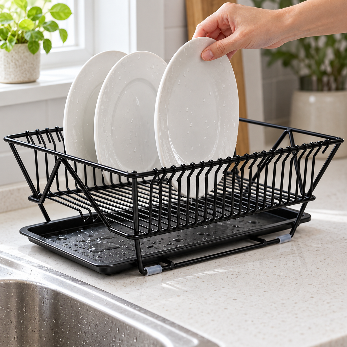 Hand placing a wet plate into the black wire dish rack