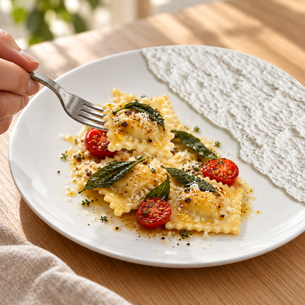 Adult lifting ravioli from the smooth surface of the rock-pattern porcelain plate