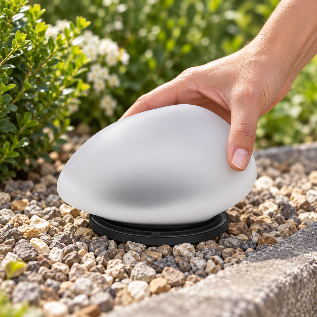 Hand placing the unlit pebble garden light on gravel to show size