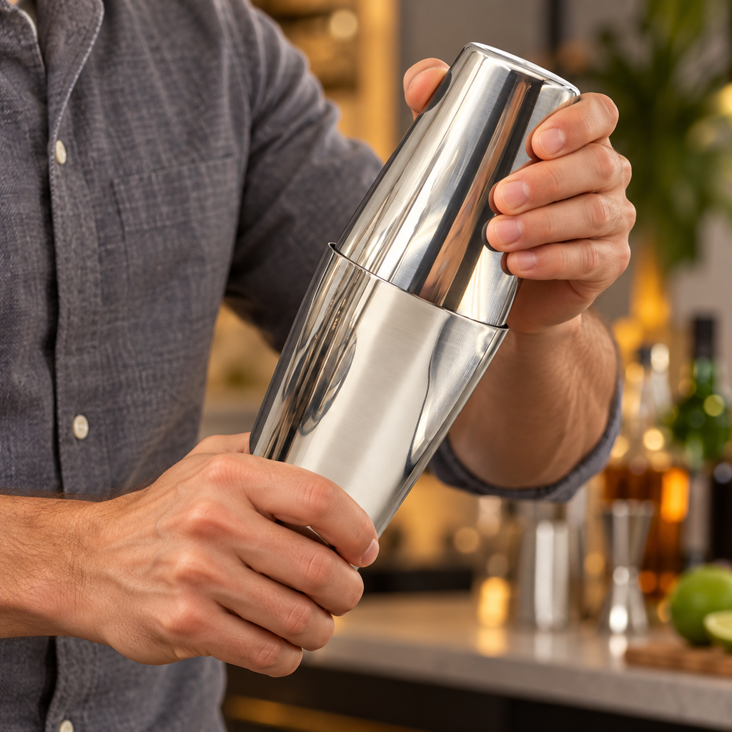 Adult hands holding the sealed two-piece Boston shaker during use