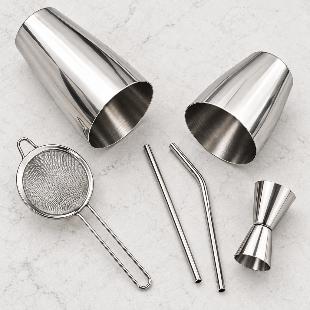Selected Boston set tins, mesh strainer, straws and jigger in an overhead comparison