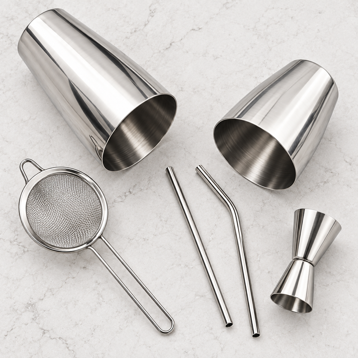 Selected Boston set tins, mesh strainer, straws and jigger in an overhead comparison