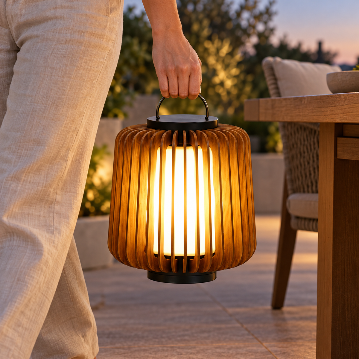 Adult carrying the slatted garden lamp by its top handle