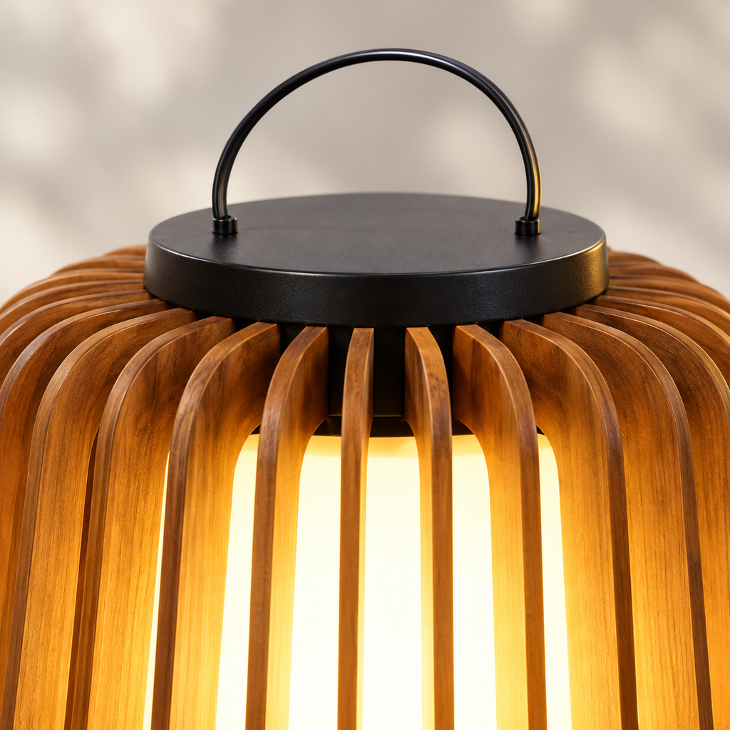 Close-up of the garden lamp slats, top cap and thin carrying handle