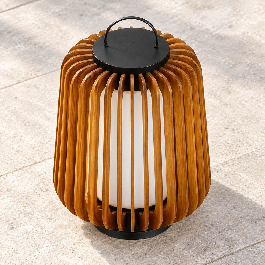 High-angle daylight view of the unlit garden lamp top and slats