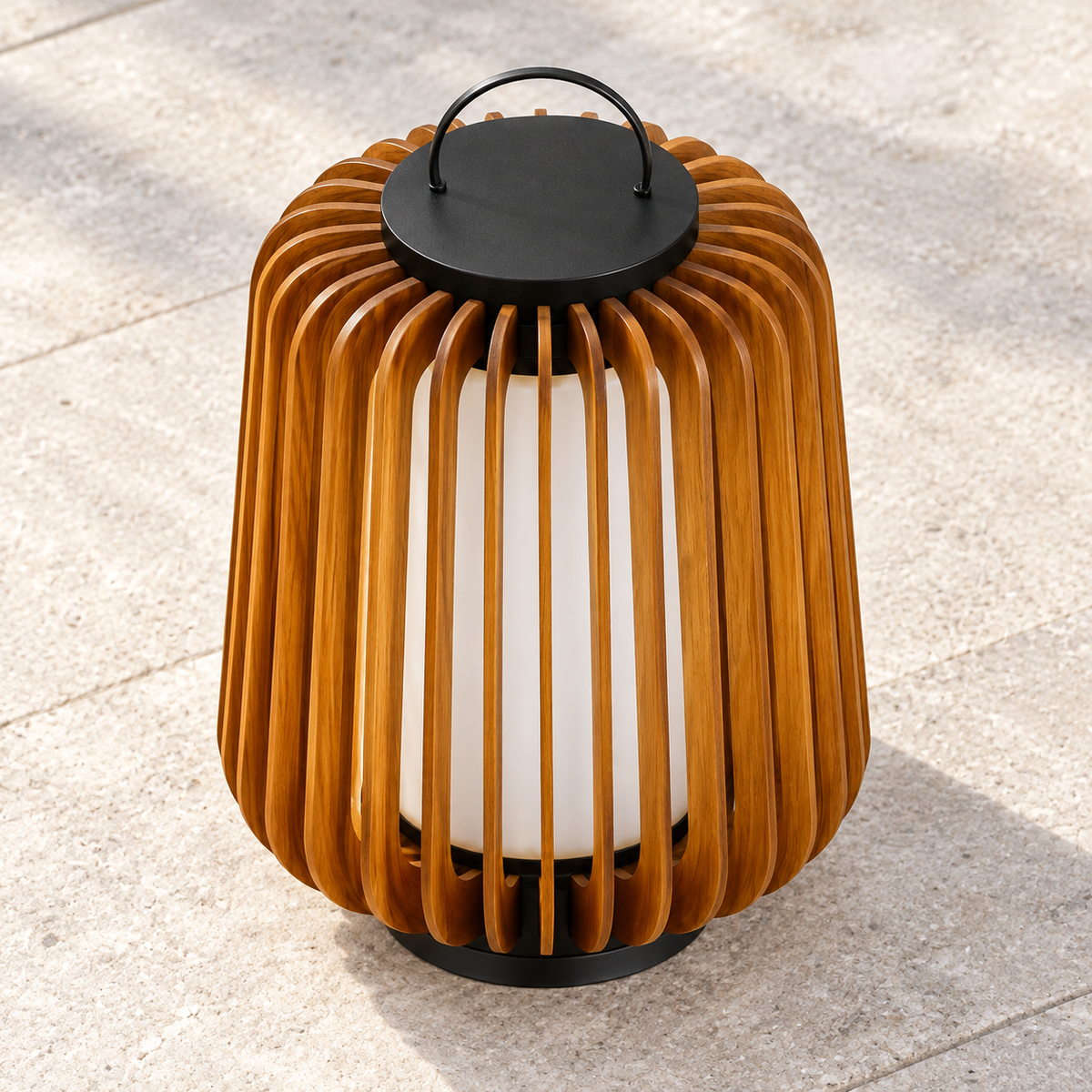 High-angle daylight view of the unlit garden lamp top and slats
