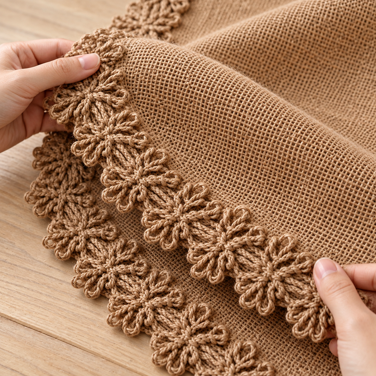 Hands folding the jute runner showing coarse weave and lace-trim construction