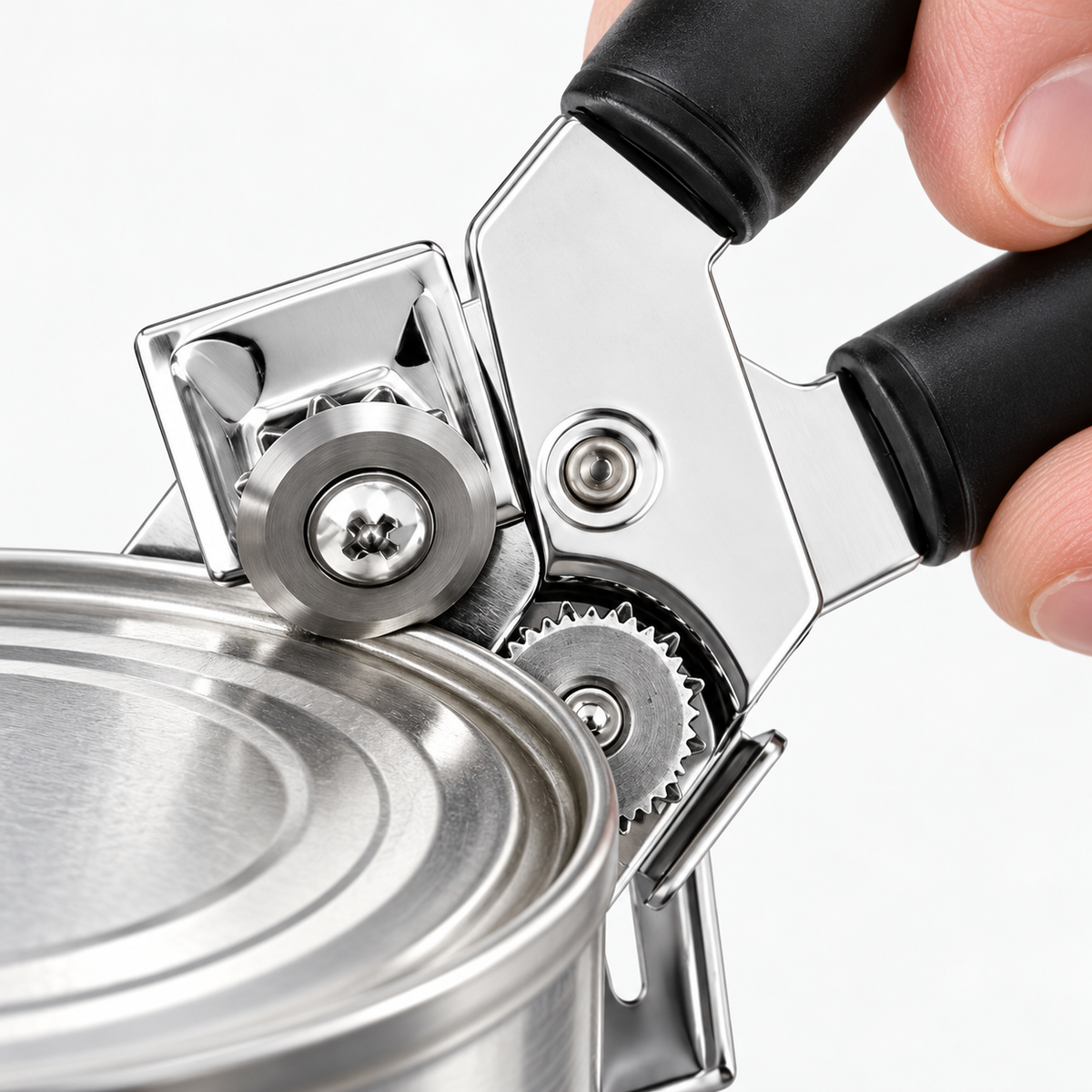 Close-up positioning the can opener cutting head at a can rim