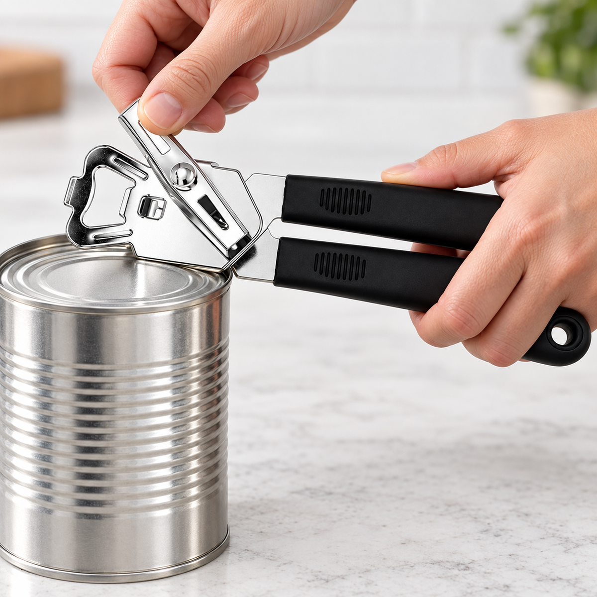 Two hands operating the can opener at the can rim