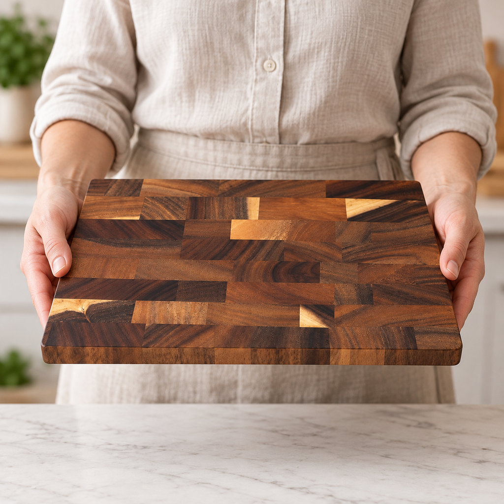 Walnut patchwork cutting board held horizontally to show practical size and plain edges
