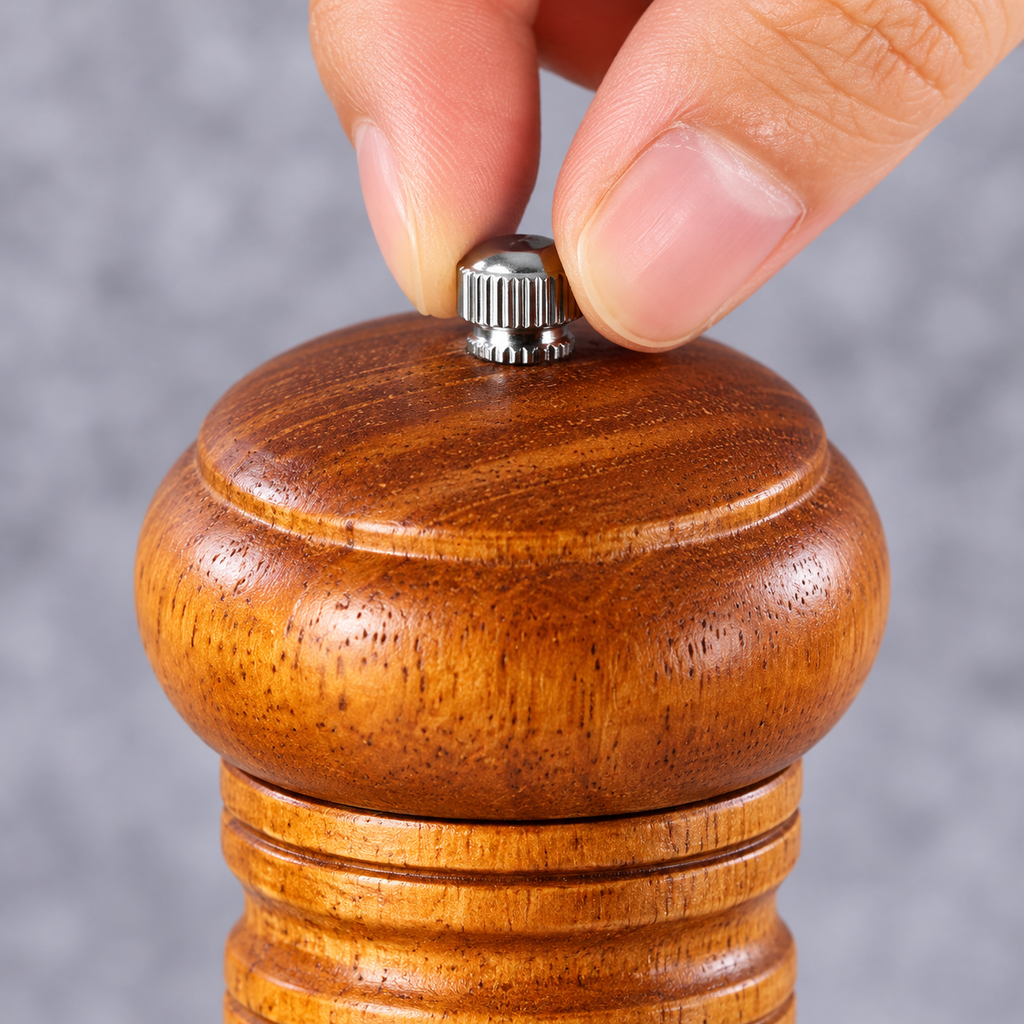 Fingers adjusting the wooden pepper grinder top knob