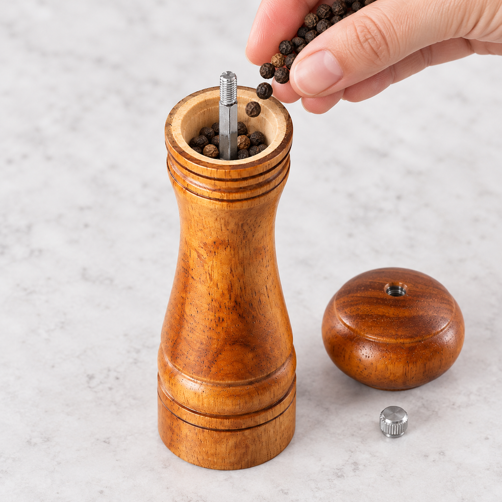 Refilling the wooden pepper mill through its open top