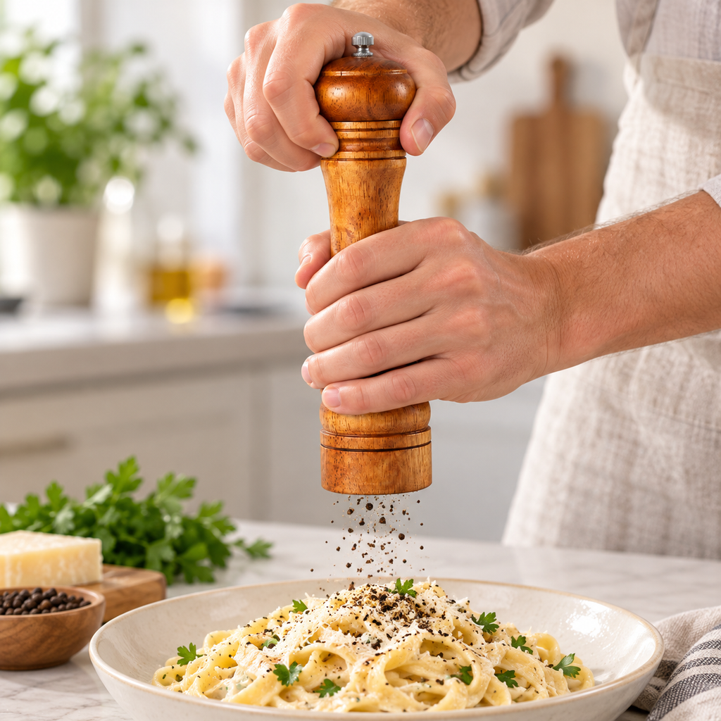 Hands rotating the wooden pepper mill cap to grind pepper over pasta