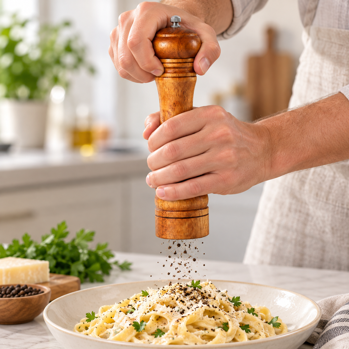Hands rotating the wooden pepper mill cap to grind pepper over pasta