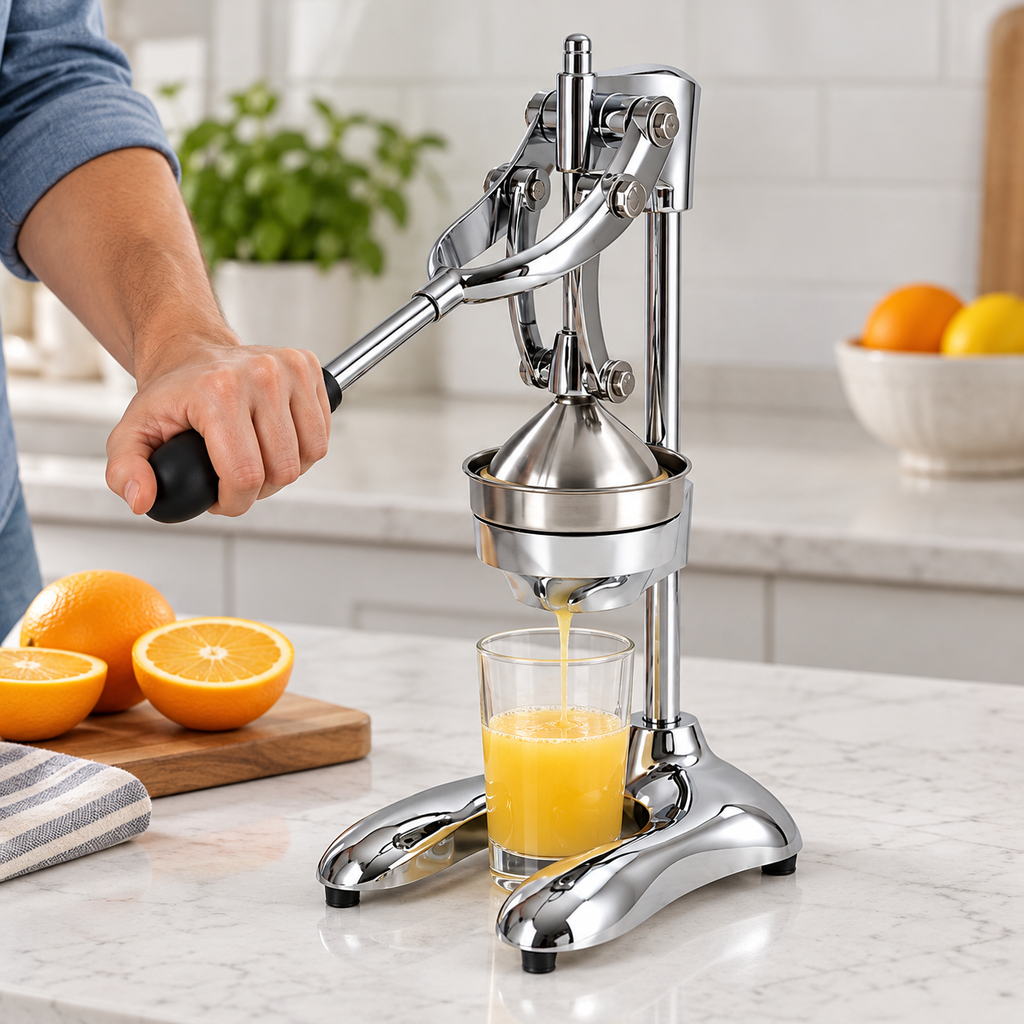 Hand pressing the lever as citrus juice flows into a glass