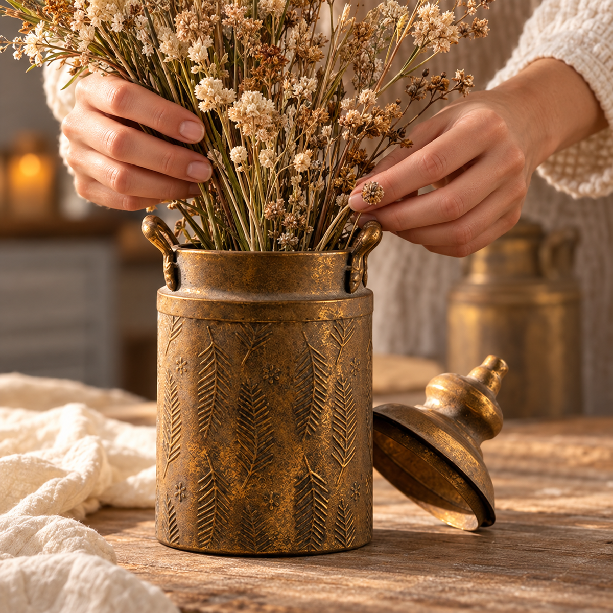 Hands arranging dry stems in the antique iron planter