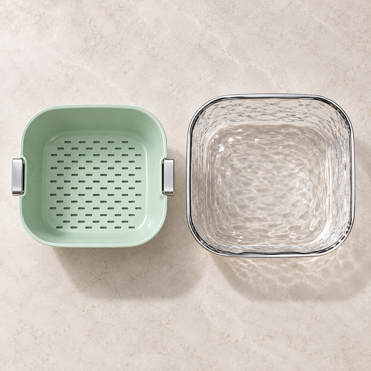 Separated inner colander and clear outer basin viewed overhead