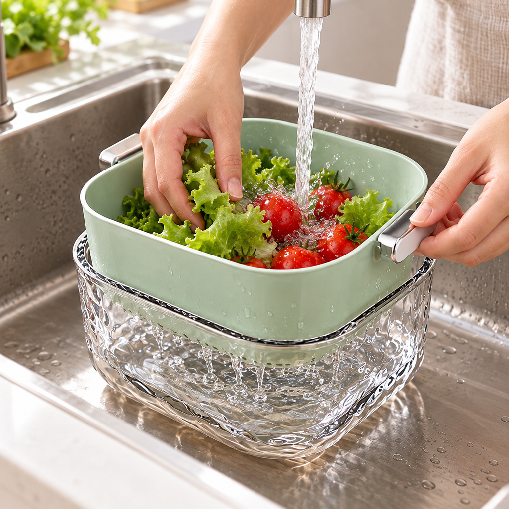 Rinsing vegetables in the mint inner basket with clear basin underneath